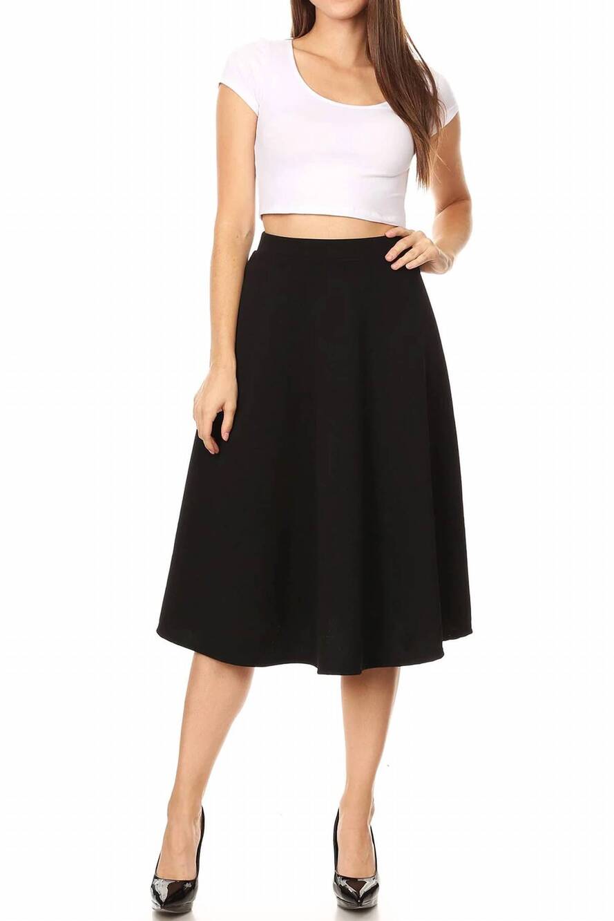 NEW MOA COLLECTION women's solid basic casual a-line flared midi skirt in black